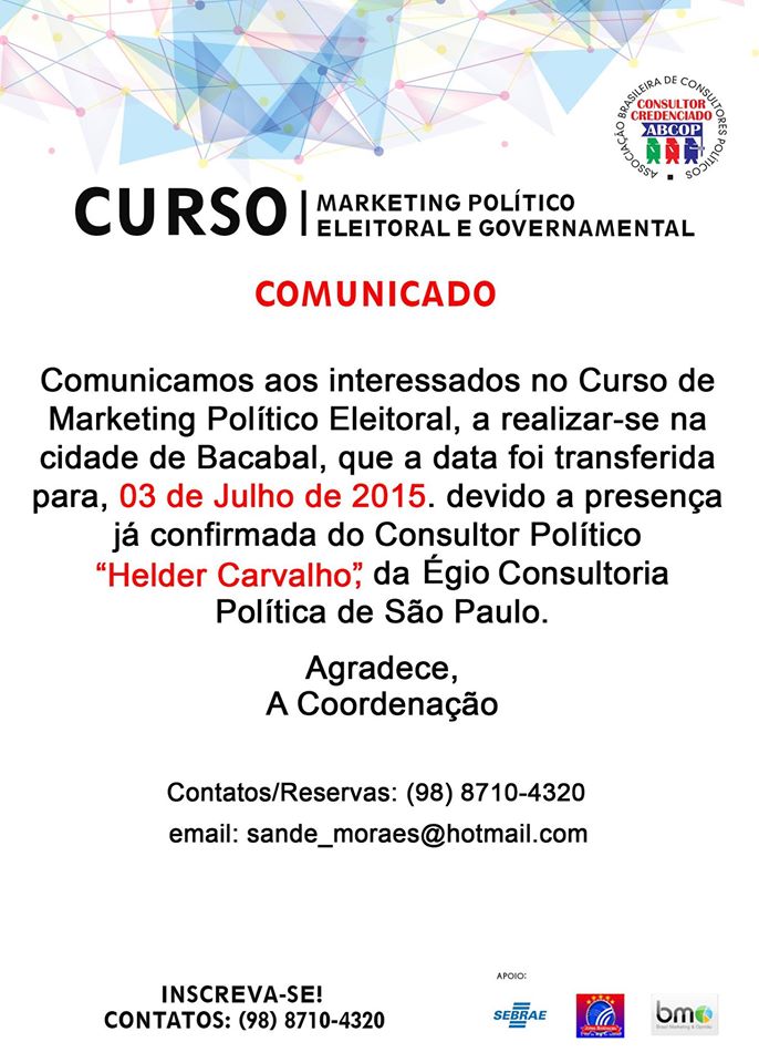 Alteração de Data – Curso de Marketing Político com Sande Moraes e Helder Carvalho – Bacabal -MA